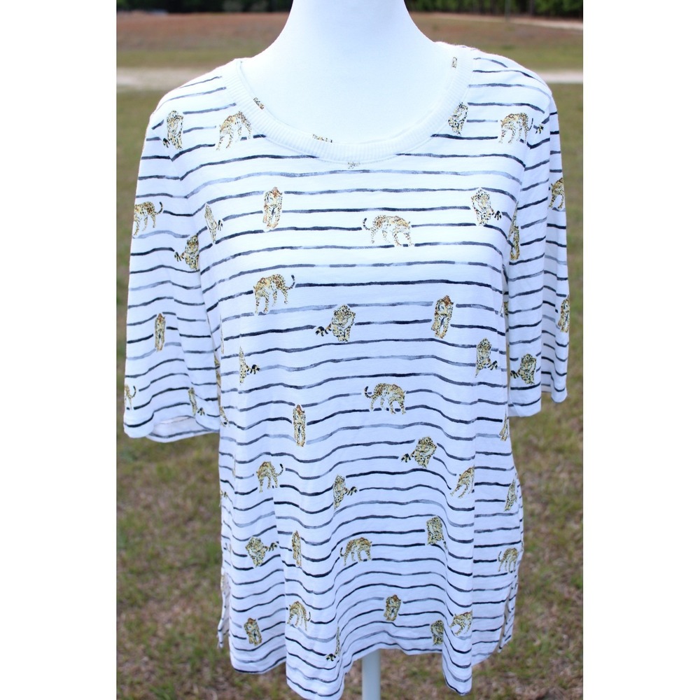 Chicos Womens Size Medium White Striped Leopard Print Short Sleeve T-Shirt Top